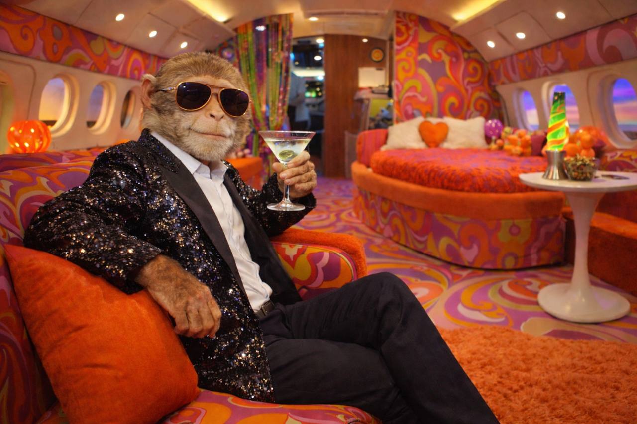 Monkey in sunglasses and sequin jacket inside a psychedelic private jet